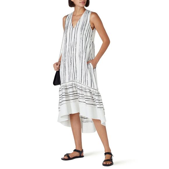 3.1 Phillip Lim High Low Painted White Striped Sleeveless V-Neck Midi Dress 2 - Picture 1 of 15